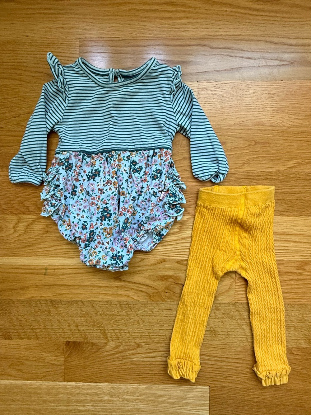 Ruffle Butts Striped Green Floral Baby Romper with Yellow Leggings Like New